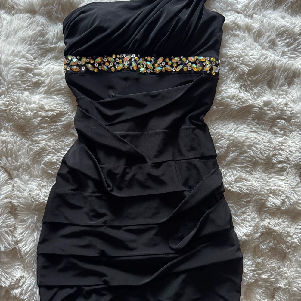 Deb Black and Gold One Shoulder Cocktail Dress